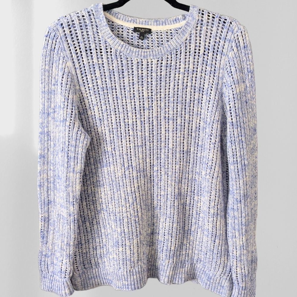 Talbots 100% Cotton marled blue and white open-knit crewneck sweater L EUC